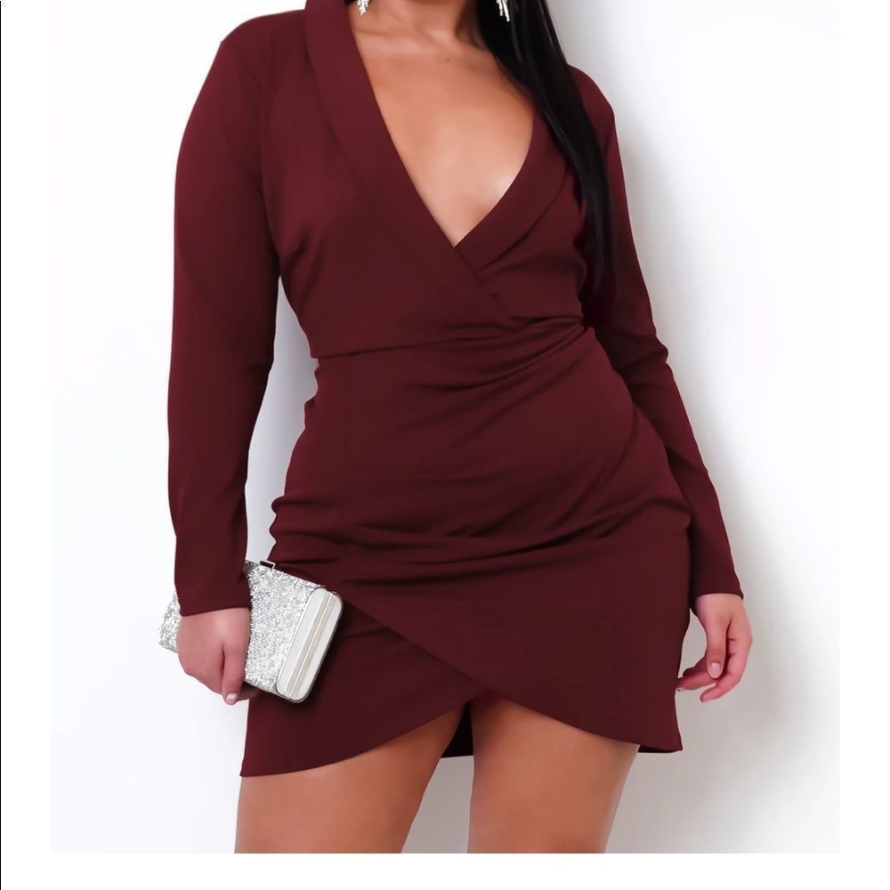 Plus Size Deep V-Neck Mini Dress - Burgundy